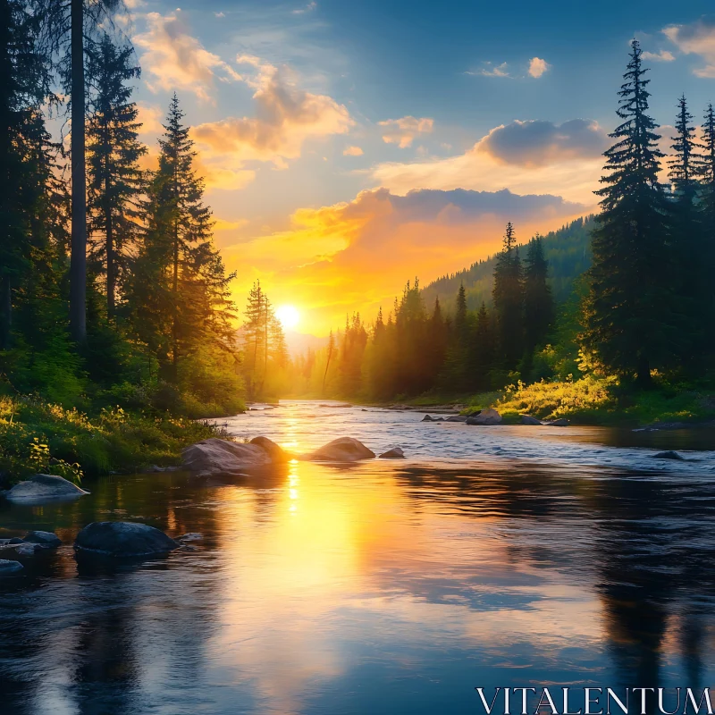 Golden Sunset Over a Forest River AI Image