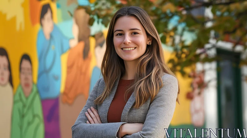 Smiling Woman with Colorful Mural Background AI Image