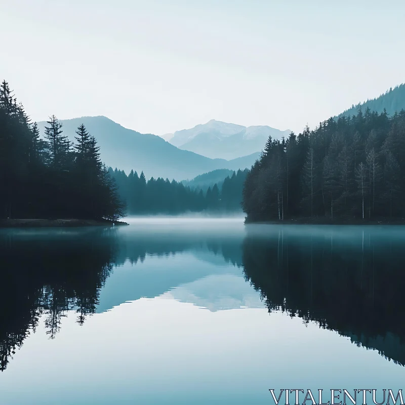 Misty Lake Amidst Forests and Mountains AI Image