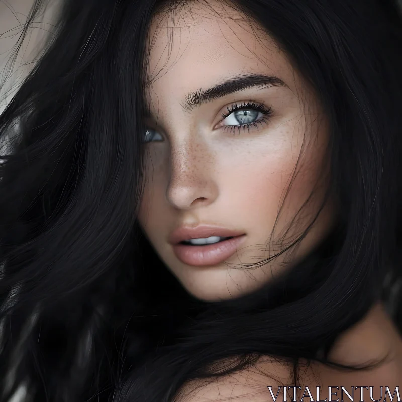 Enchanting Woman's Portrait with Striking Blue Eyes AI Image