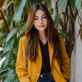 Stylish Woman Posing in Yellow Jacket Amidst Greenery