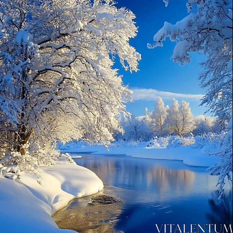 Tranquil Snowy Forest with Reflective River AI Image