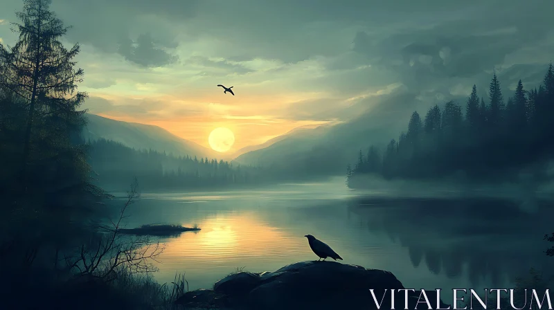 Tranquil Lake Sunset Amidst Misty Mountains AI Image