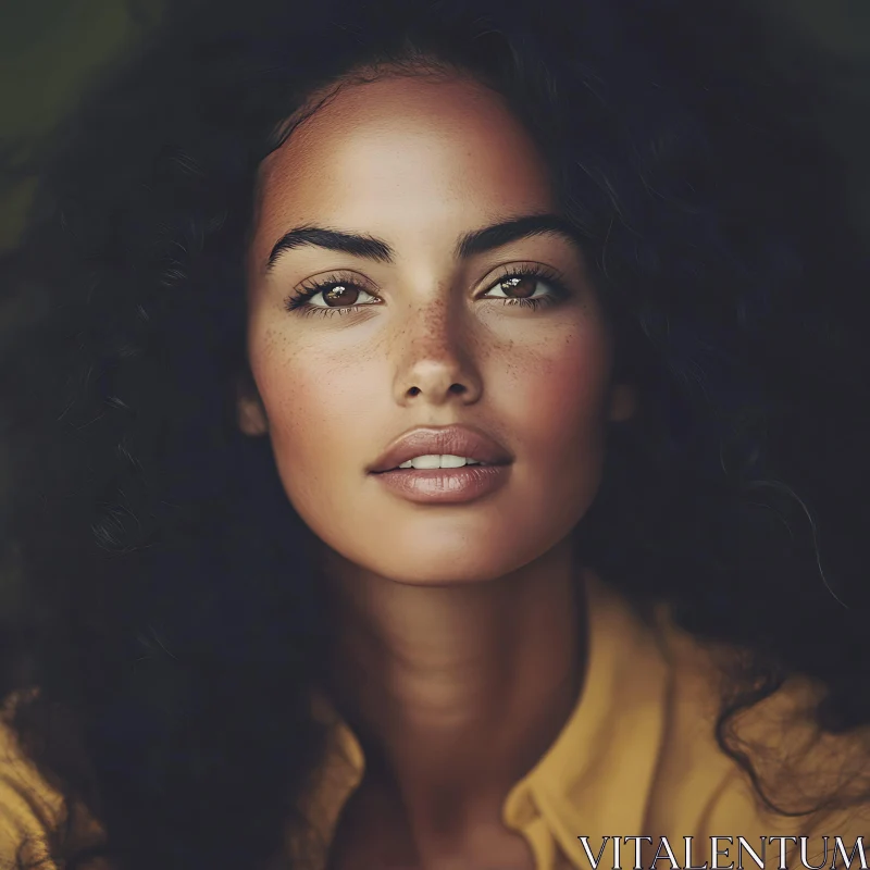 AI ART Woman with Curly Hair and Freckles in Close-up Focus