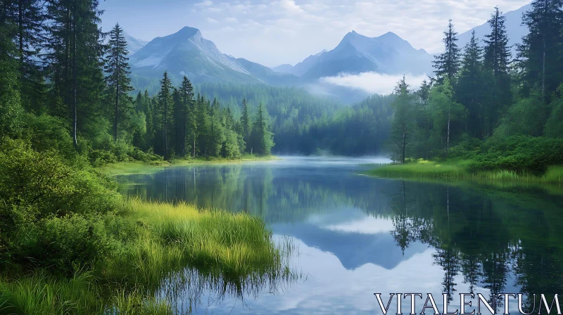 Tranquil Lake Scene with Forest and Mountain Views AI Image