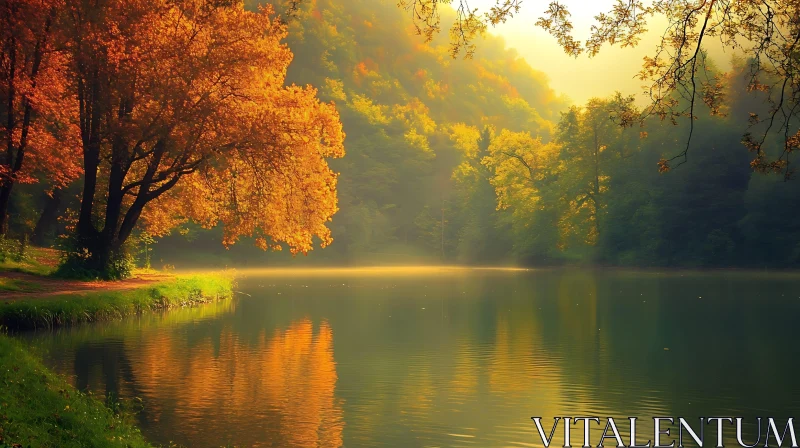 Tranquil Fall Scene by the Lake AI Image