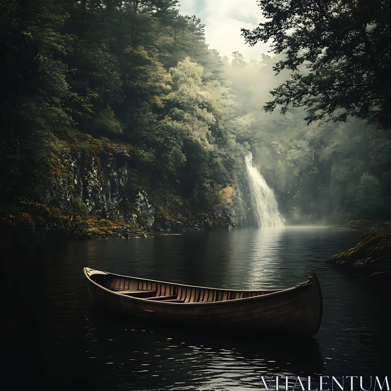 Misty River Canoe and Forest Waterfall Tranquility AI Image