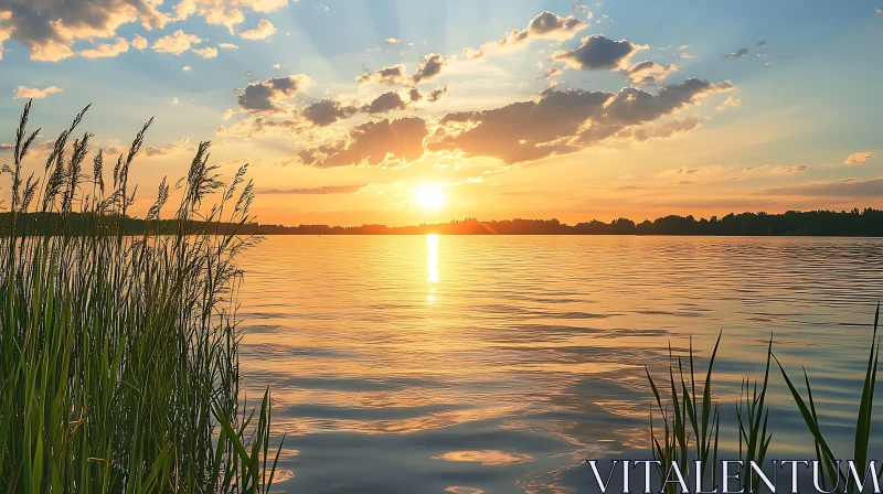 Golden Sunset Lake Scene with Reeds and Clouds AI Image