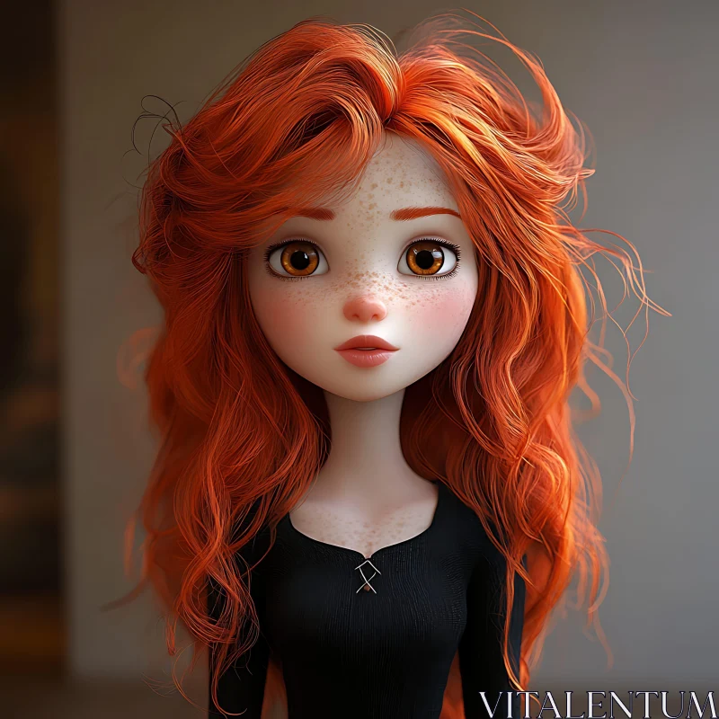 Red-haired Cartoon Girl with Freckles AI Image