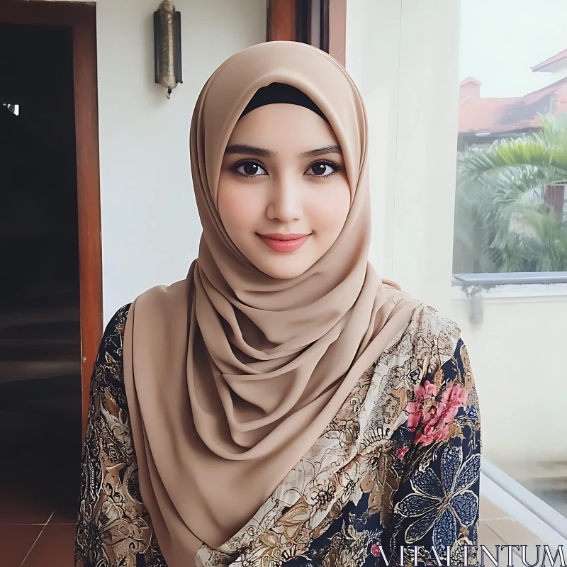 Graceful Woman in Hijab with Floral Attire AI Image