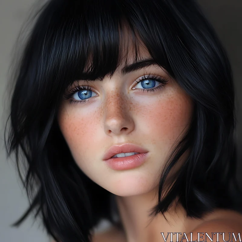 Woman with Black Hair and Striking Blue Eyes AI Image