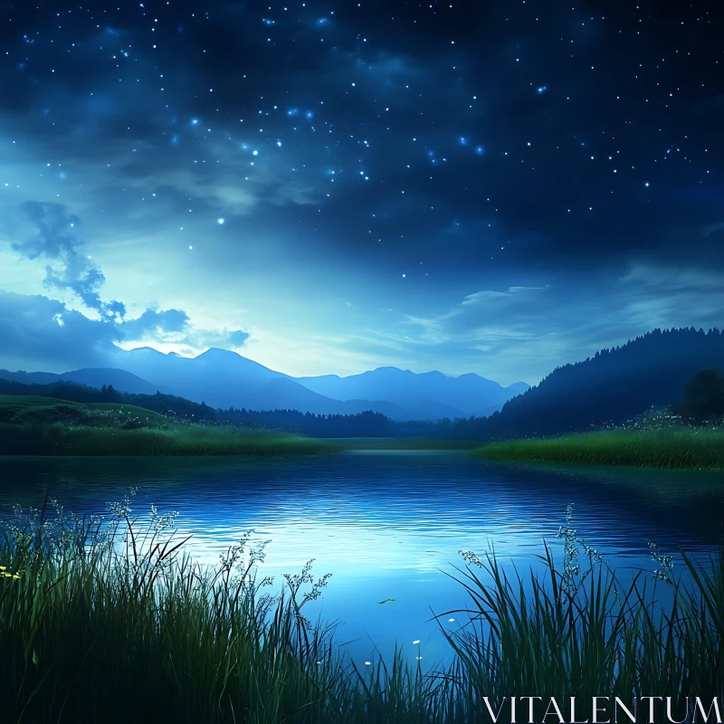 Serene Lake Under Starry Night Sky and Mountain Range AI Image