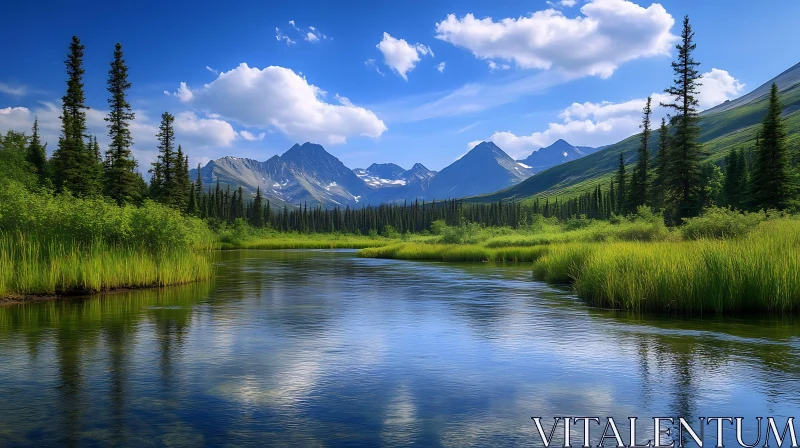 Tranquil River Surrounded by Mountains and Greenery AI Image