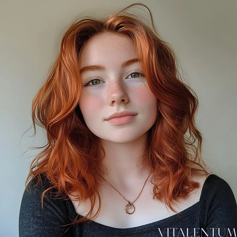 Red-Haired Woman Portrait with Freckles AI Image