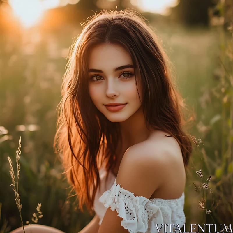 A Young Woman's Serene Portrait in a Field AI Image