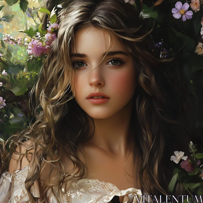 AI ART Portrait of a Young Woman with Flowers