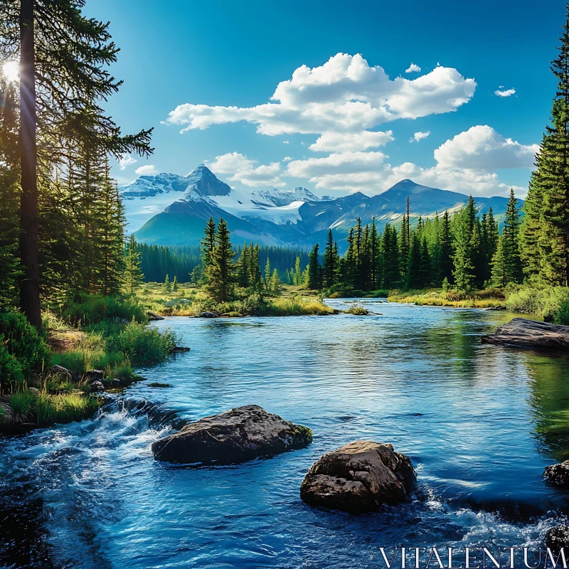 Tranquil Landscape with River and Mountains AI Image