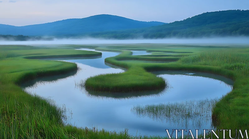 Tranquil Misty River Landscape AI Image