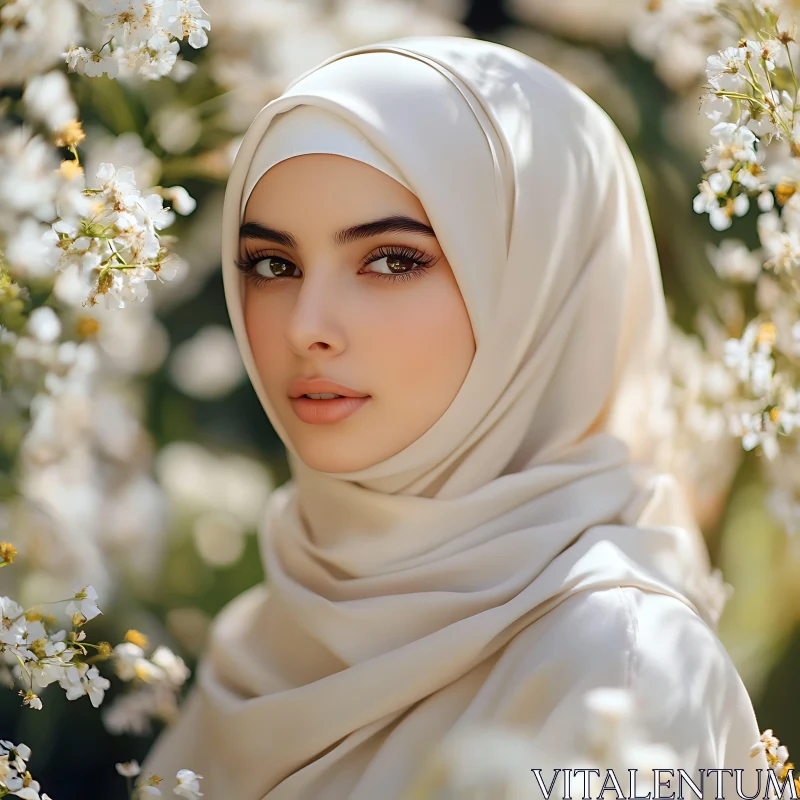 Serene Woman in Hijab with Floral Background AI Image