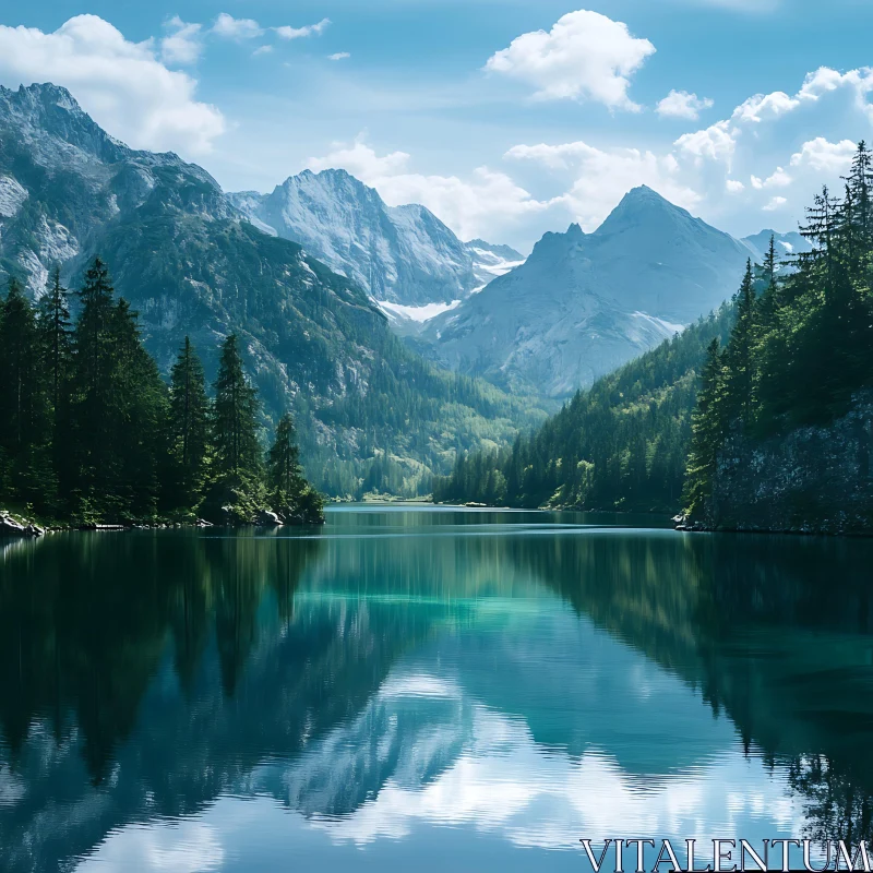 Peaceful Alpine Lake with Snow-Capped Peaks and Reflective Surface AI Image