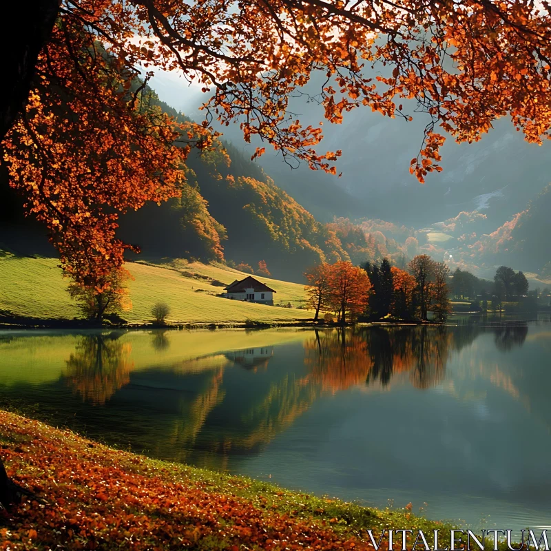 Tranquil Autumn Lakeside Scene AI Image