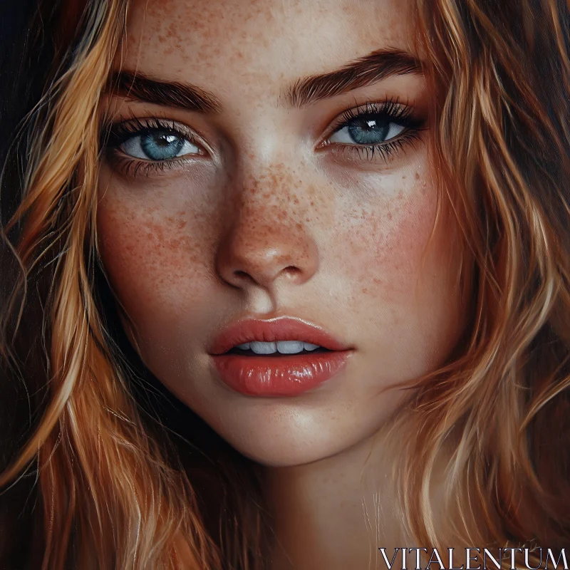 Freckled Woman with Blue Eyes Close-Up Portrait AI Image