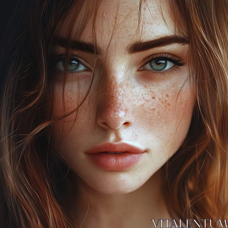 AI ART Close-Up of Freckled Redhead with Intense Gaze