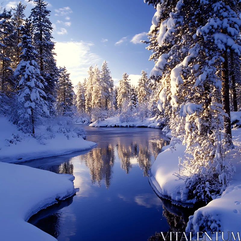 Snow-Covered Trees and Serene River AI Image