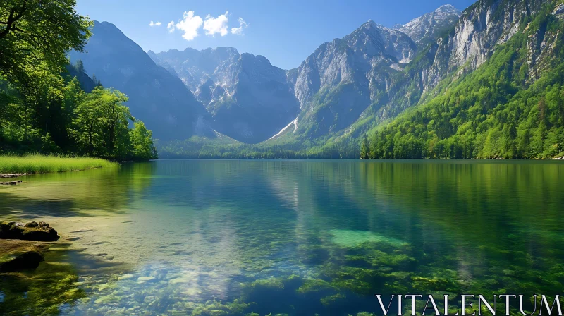 Peaceful Lake with Green Forest and Majestic Mountains AI Image