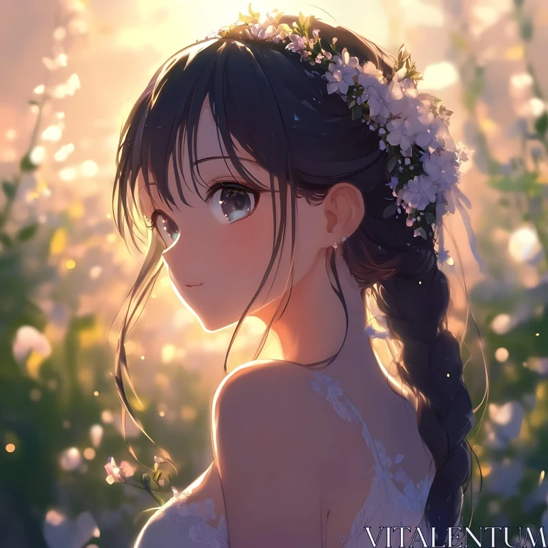 Anime Girl in Floral Bliss at Dusk AI Image