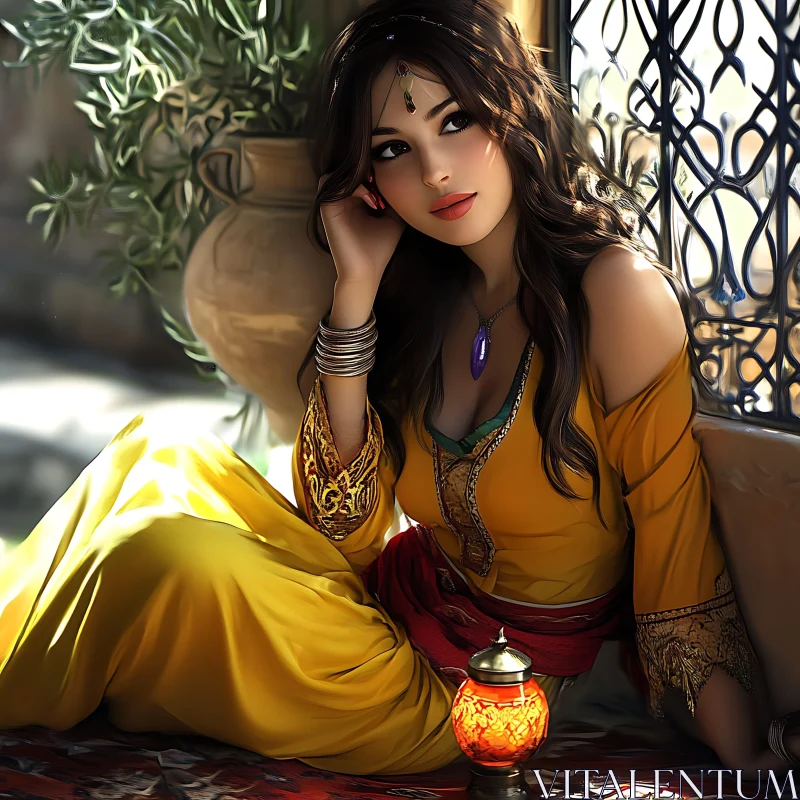 Elegant Woman in Traditional Dress with Illuminated Lamp AI Image