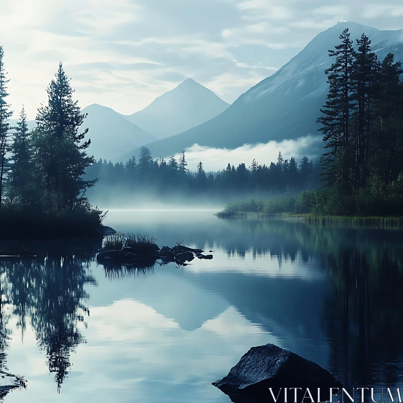 Tranquil Reflections of Misty Lake and Mountains AI Image