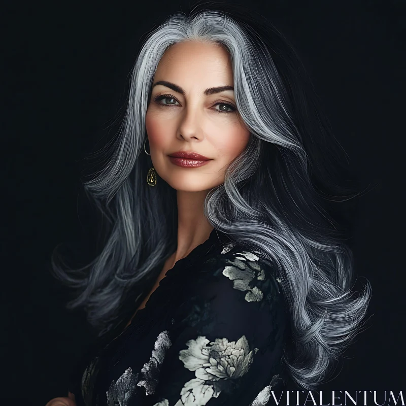 Sophisticated Portrait of a Woman with Grey Locks AI Image