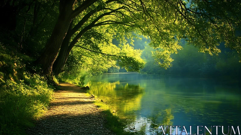 AI ART Peaceful Riverbank Pathway Bathed in Sunlight