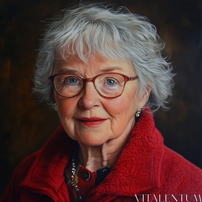 Elderly Woman in Red Coat with Glasses AI Image