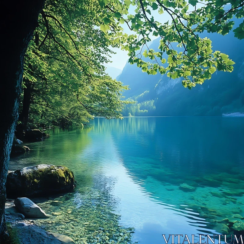 Peaceful Lakeside Scenery with Forest and Mountains AI Image