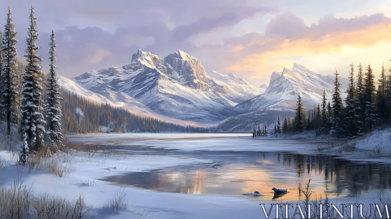 Sunset Over Snowy Lake and Mountains AI Image