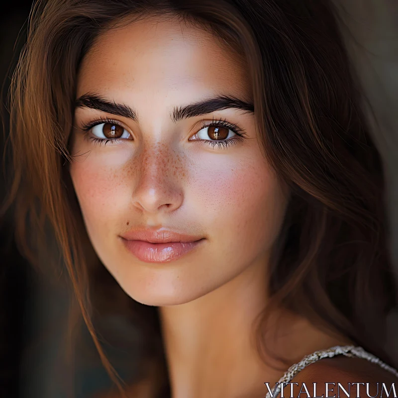 Portrait of a Woman with Brown Eyes and Freckles AI Image