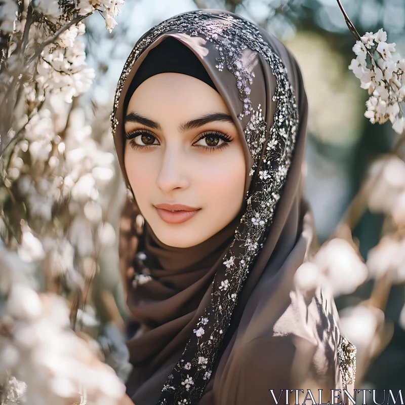 Portrait of a Woman in Hijab with Floral Background AI Image