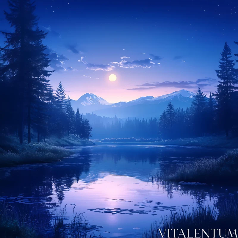 Serene Moonlit Lake with Majestic Mountains AI Image