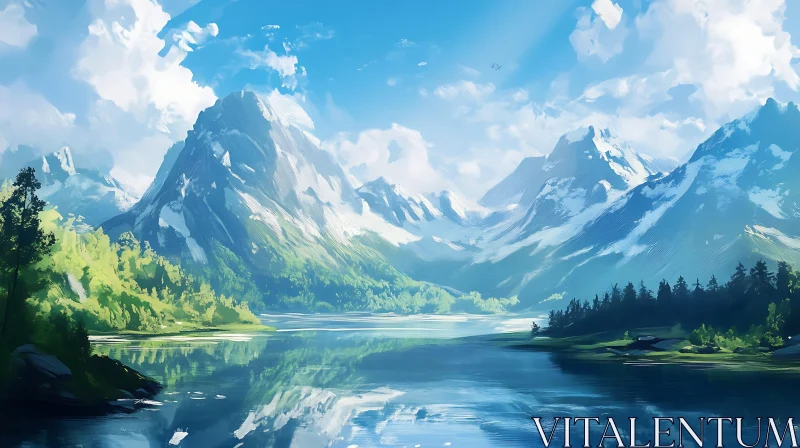 AI ART Picturesque Mountain Scene with Snow and Lake