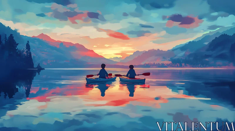 Peaceful Kayaking Across a Mirror-Like Lake at Sunset AI Image