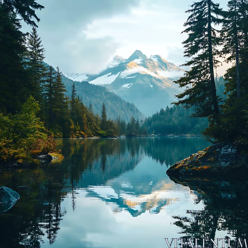 Tranquil Mountain Lake with Forest Reflections AI Image