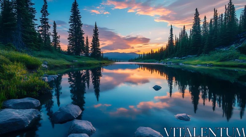 Peaceful Sunset Over a Reflective Lake AI Image