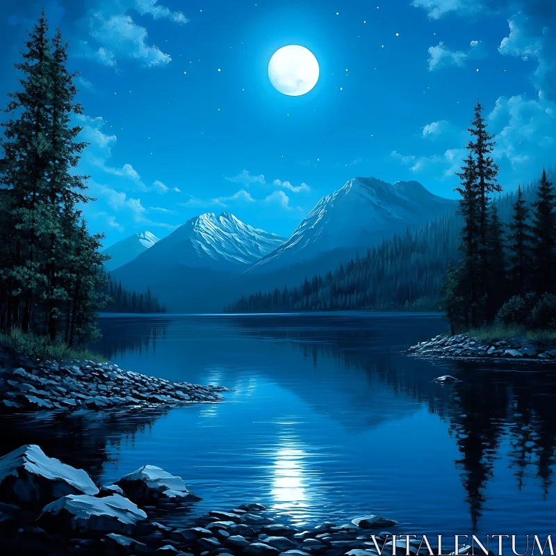 Calm Night by the Lake Under Moonlight AI Image