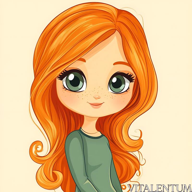 Adorable Cartoon Girl with Freckles and Red Hair AI Image