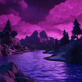 Tranquil River and Mountains under a Purple Night Sky