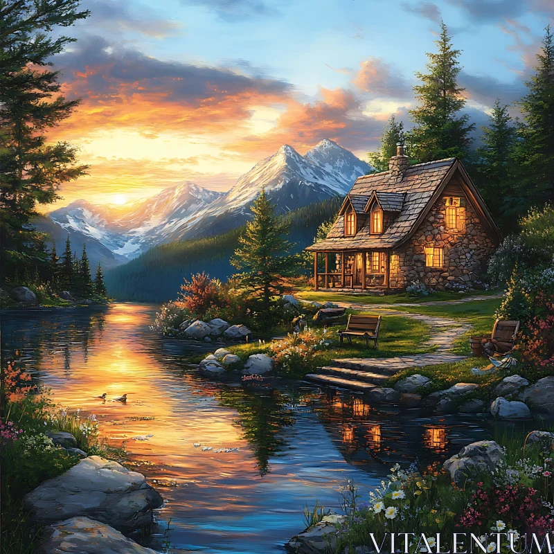 AI ART Charming Stone Cabin at Sunset by a Tranquil Lake