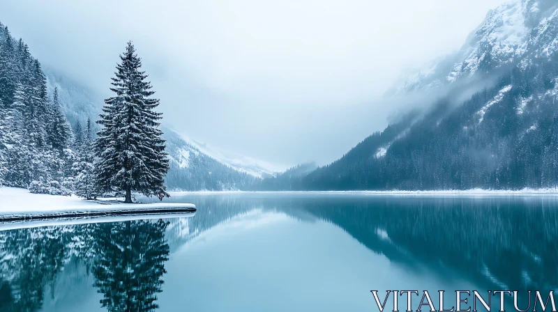 Serene Snowy Lake and Majestic Mountains AI Image