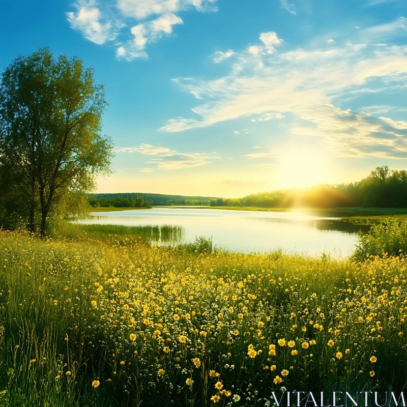 Sunset Over a Flower-Covered Meadow by a Calm Lake AI Image